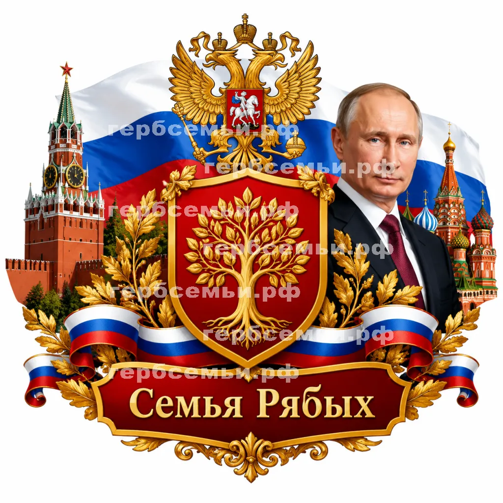 Герб семьи Семья Рябых в стиле России на фоне России и презедента Владимира Путина #40920