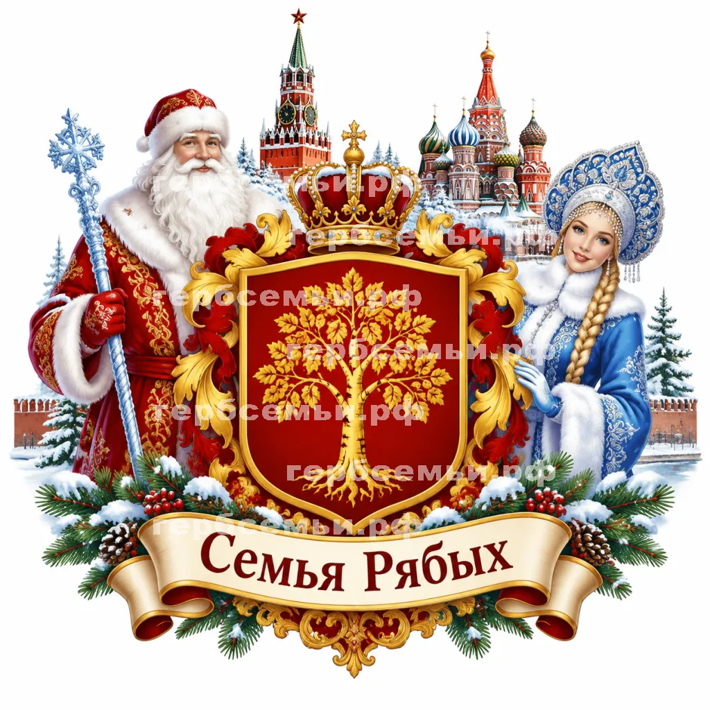 Герб семьи Семья Рябых в стиле России на фоне Москвы и Деда Мороза и Снегурочки #40921