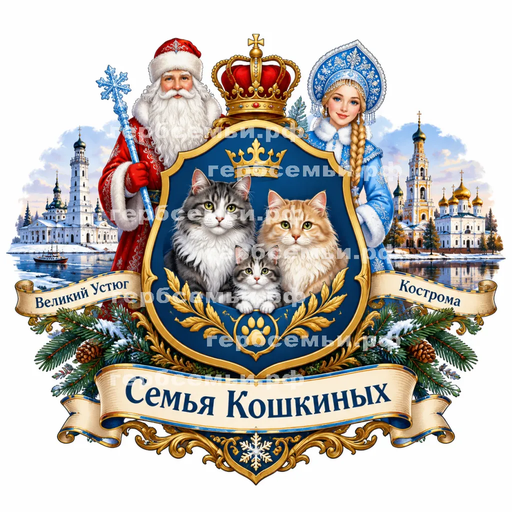 Герб семьи Семья Кошкиных на фоне Великого Устюга и Костромы и Дедушки Мороза и Снегурочки #40925