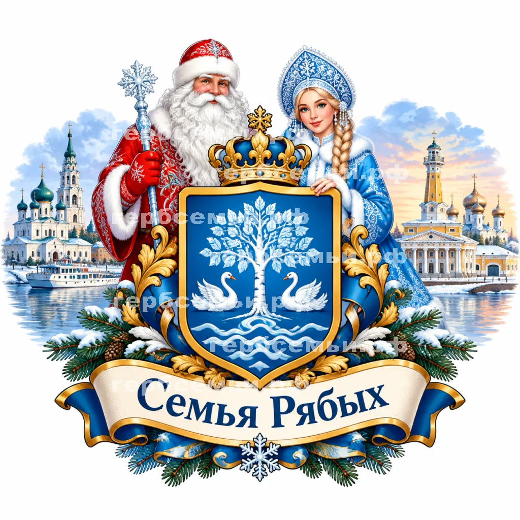 Герб семьи Семья Тимофеевых на фоне Великого Устюга и Костромы и Дедушки Мороза и Снегурочки #40927