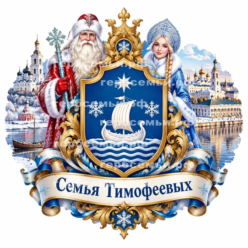 Герб семьи Семья Тимофеевых на фоне Великого Устюга и Костромы и Дедушки Мороза и Снегурочки #40928