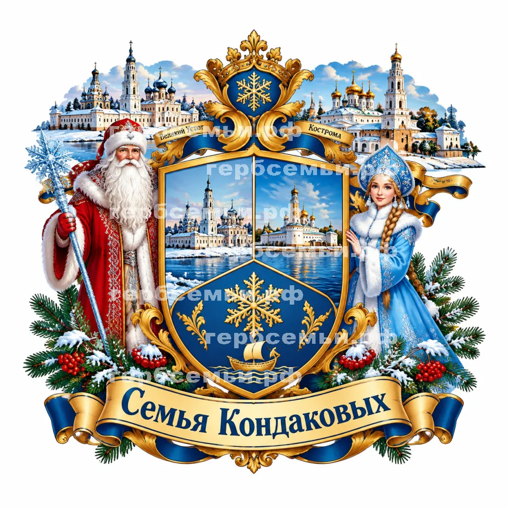 Герб семьи Семья Кондаковых на фоне Великого Устюга и Костромы и Дедушки Мороза и Снегурочки #40932