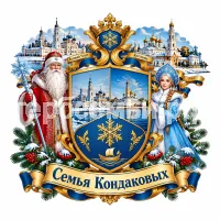 Герб семьи Семья Кондаковых на фоне Великого Устюга и Костромы и Дедушки Мороза и Снегурочки