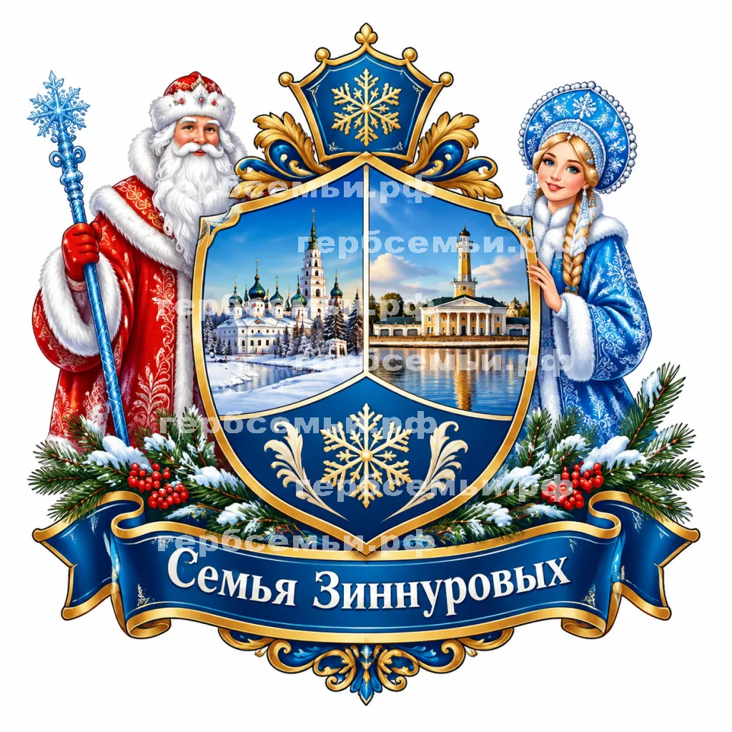 Герб семьи Семья Зиннуровых на фоне Великого Устюга и Костромы и Дедушки Мороза и Снегурочки #40933