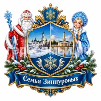 Герб семьи Семья Зиннуровых на фоне Великого Устюга и Костромы и Дедушки Мороза и Снегурочки