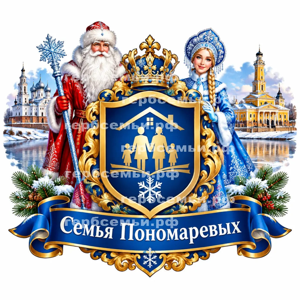Герб семьи Семья Пономаревых на фоне Великого Устюга и Костромы и Дедушки Мороза и Снегурочки #40934