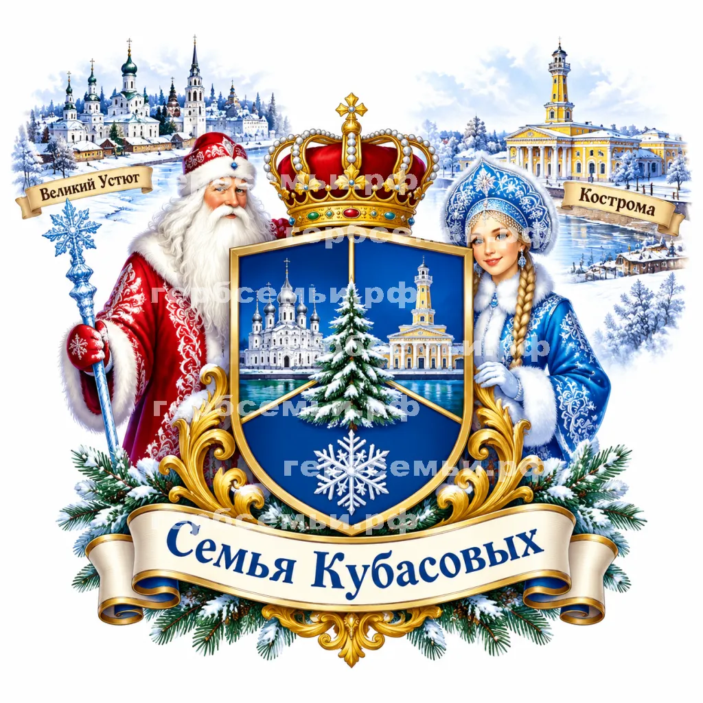 Герб семьи Семья Кубасовых на фоне Великого Устюга и Костромы и Дедушки Мороза и Снегурочки #40935