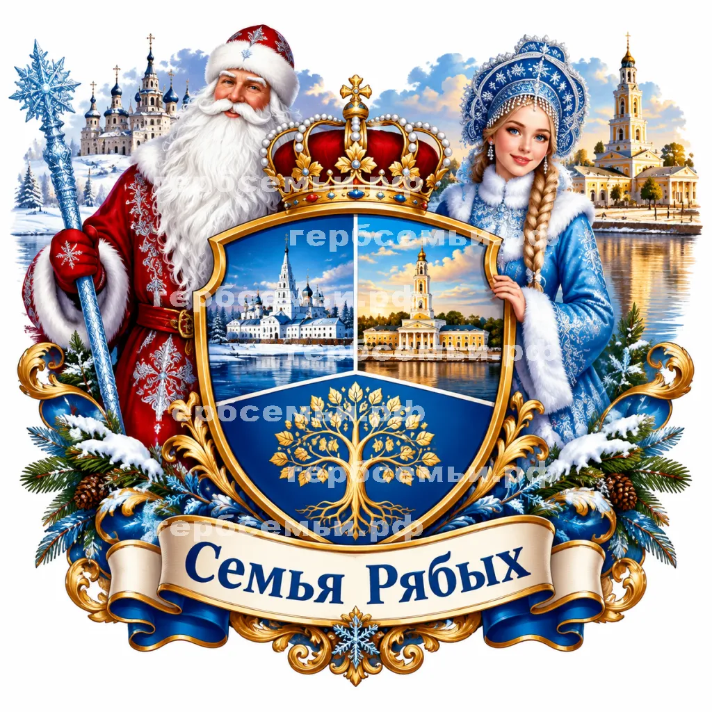 Герб семьи Семья Рябых на фоне Великого Устюга и Костромы и Дедушки Мороза и Снегурочки #40947