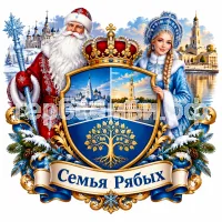 Герб семьи Семья Рябых на фоне Великого Устюга и Костромы и Дедушки Мороза и Снегурочки