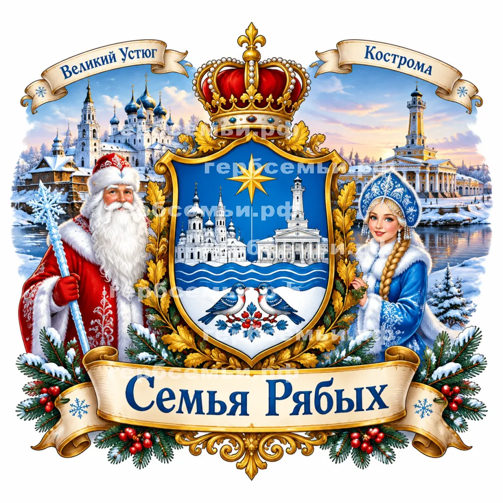 Герб семьи Семья Рябых на фоне Великого Устюга и Костромы и Дедушки Мороза и Снегурочки #40957