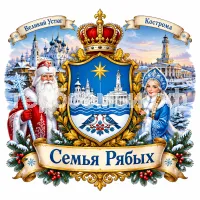 Герб семьи Семья Рябых на фоне Великого Устюга и Костромы и Дедушки Мороза и Снегурочки