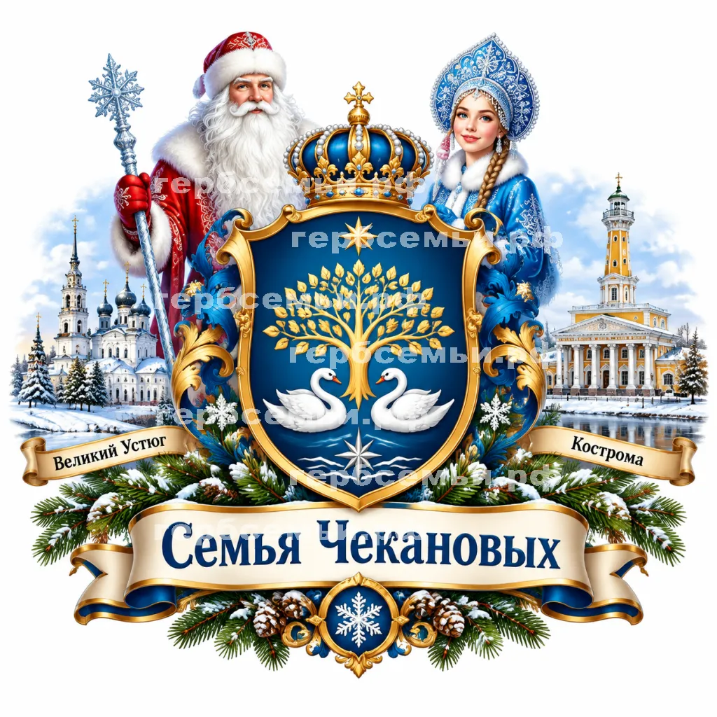 Герб семьи Семья Чекановых на фоне Великого Устюга и Костромы и Дедушки Мороза и Снегурочки #40956