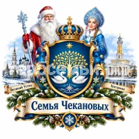 Герб семьи Семья Чекановых на фоне Великого Устюга и Костромы и Дедушки Мороза и Снегурочки