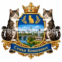 Герб семьи Семья Кошкиных на фоне города Бузулука Оренбургской Области