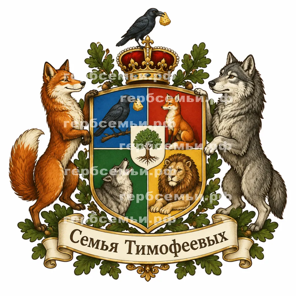 Герб семьи Семья Тимофеевых в стиле басен Крылова #41060