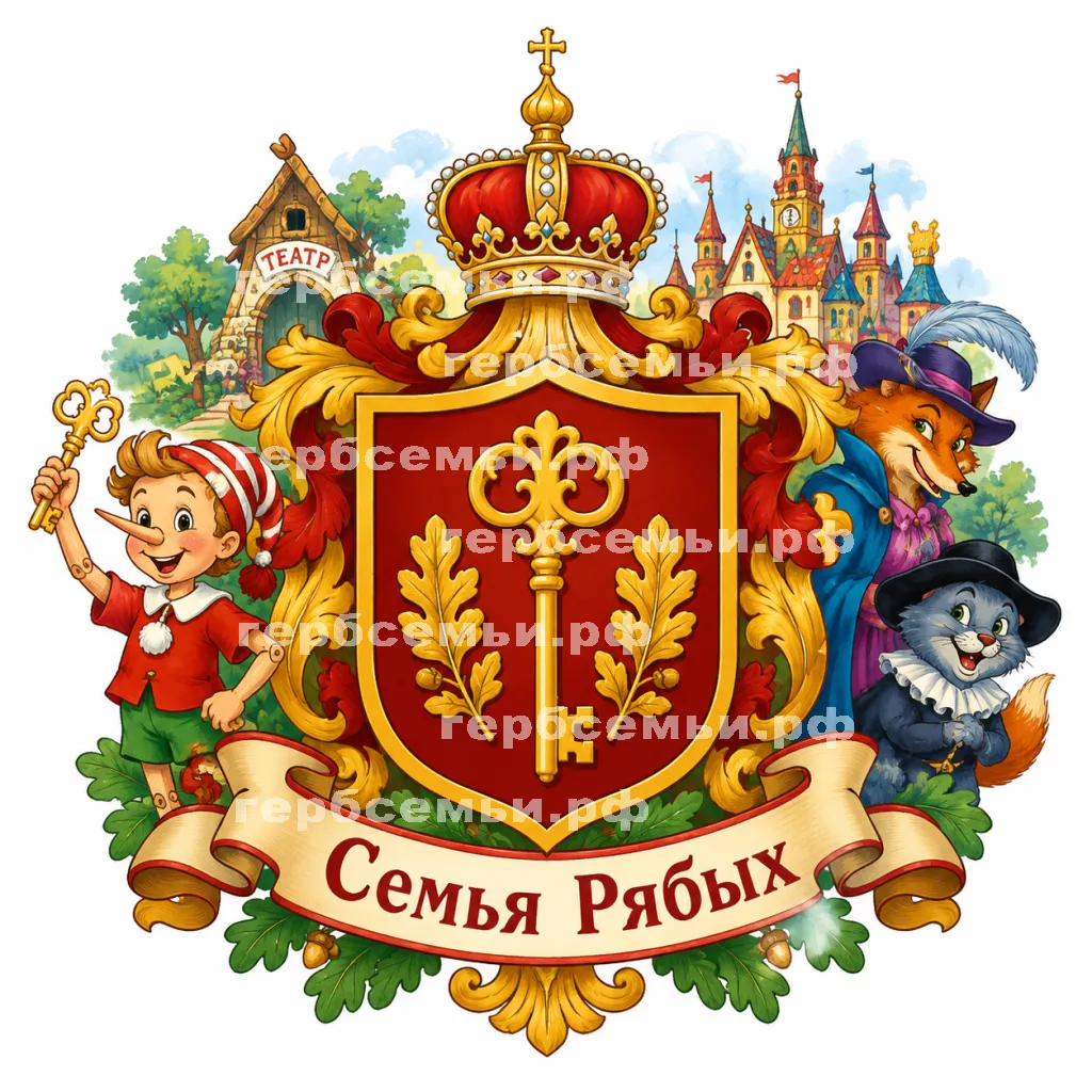 Герб семьи Семья Рябых в стиле России на фоне сказки Золотой Ключик или Приключения Буратино #41206