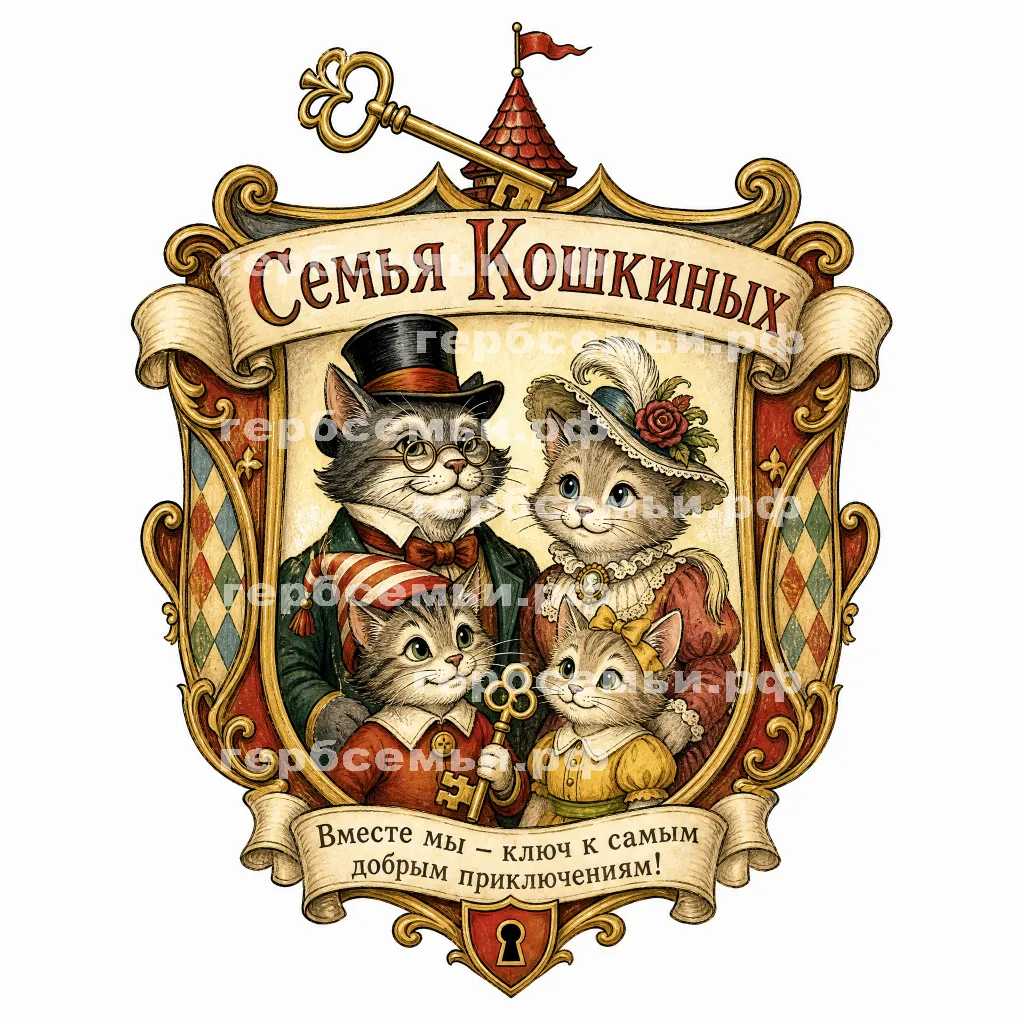 Герб семьи Семья Кошкиных в стиле сказки Алексея Толстого Золотой Ключик или Приключения Буратино #41222