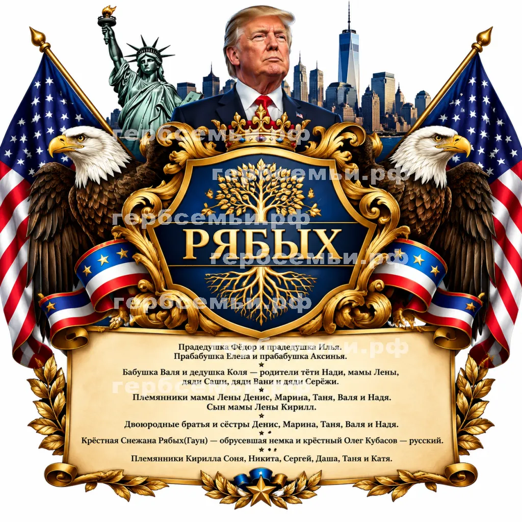 Герб семьи Семья Рябых в стиле США на фоне Нью-Йорка и президента Дональда Трампа #41275