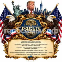 Гербы семьи Семья Рябых в стиле США на фоне Нью-Йорка и президента Дональда Трампа