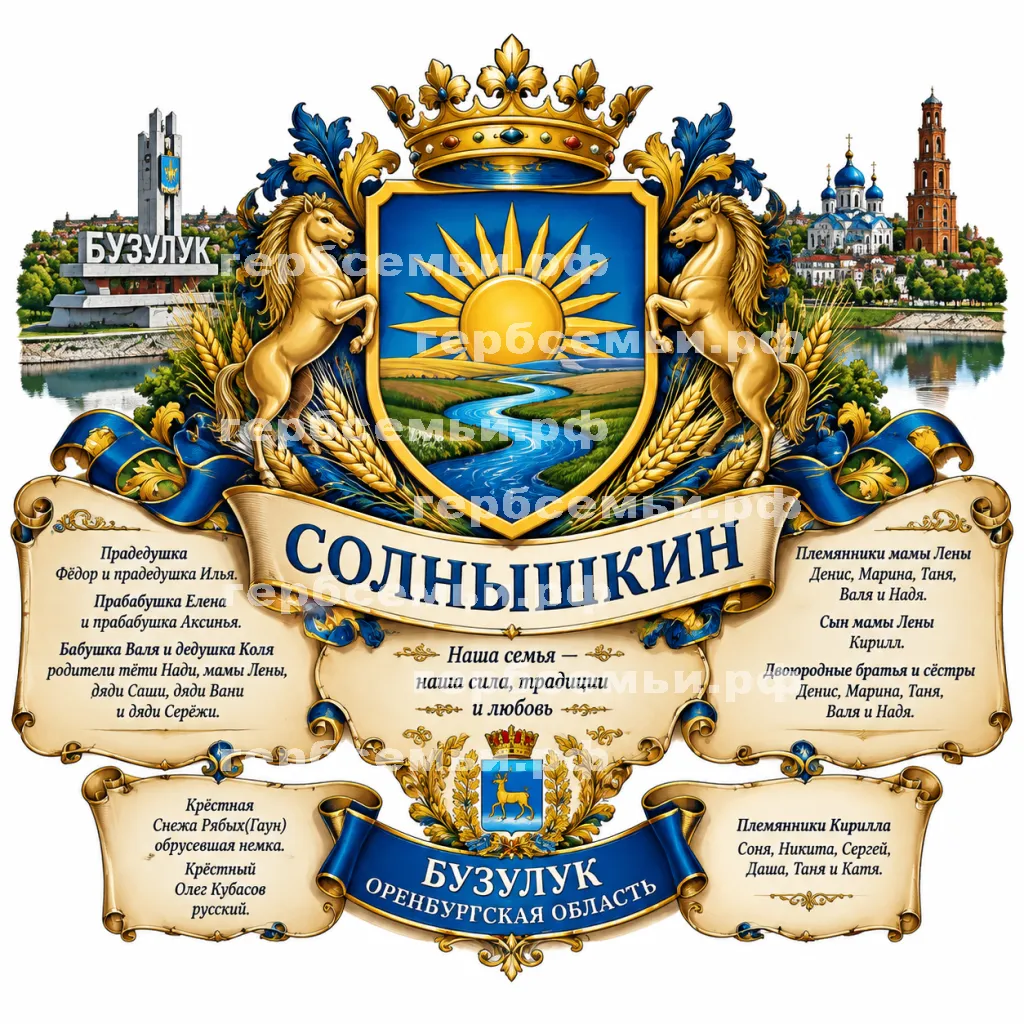 Герб семьи Солнышкин в стиле России на фоне города Бузулука Оренбургской Области #41279