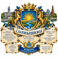 Гербы семьи Солнышкин в стиле России на фоне города Бузулука Оренбургской Области
