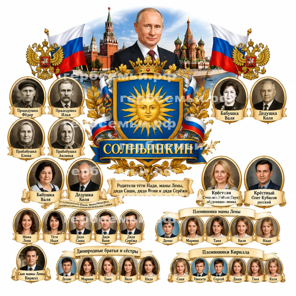 Герб семьи Солнышкин в стиле России на фоне города Москвы и президента Владимира Путина #41282
