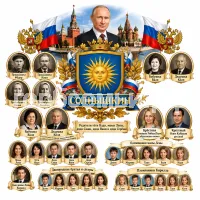 Гербы семьи Солнышкин в стиле России на фоне города Москвы и президента Владимира Путина