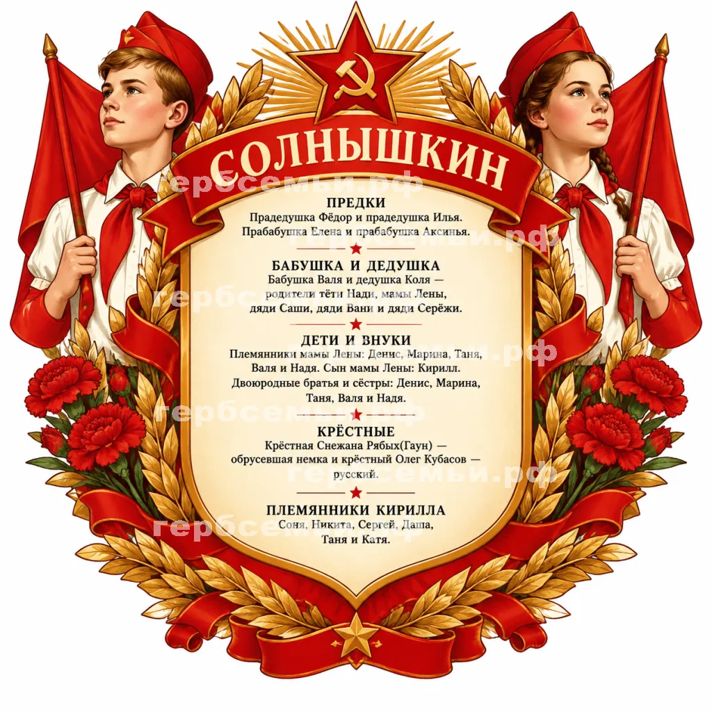 Герб семьи Солнышкин в стиле СССР на фоне пионеров #41285