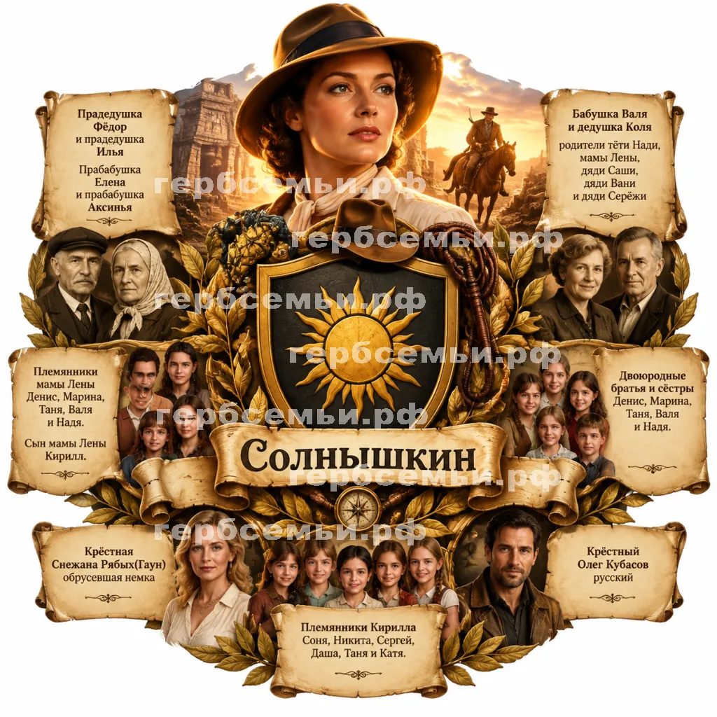 Герб семьи Солнышкин в стиле фильма Индиана Джонс и последний крестовый поход на фоне Эльзы Шнайдер #41300