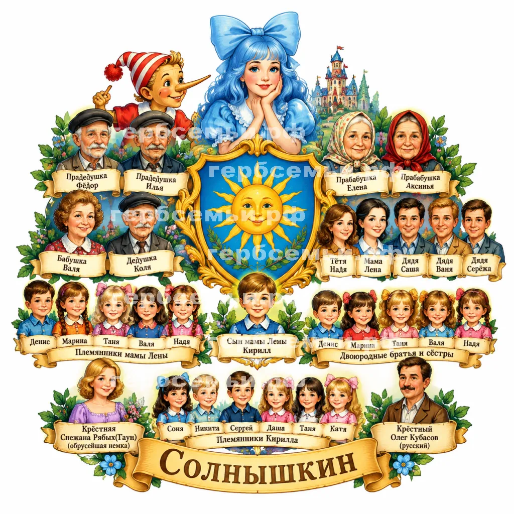 Герб семьи Солнышкин  в стиле сказки Алексея Толстого Золотой Ключик или Приключения Буратино на фоне Мальвины #41302