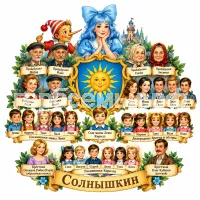 Гербы семьи Солнышкин  в стиле сказки Алексея Толстого Золотой Ключик или Приключения Буратино на фоне Мальвины