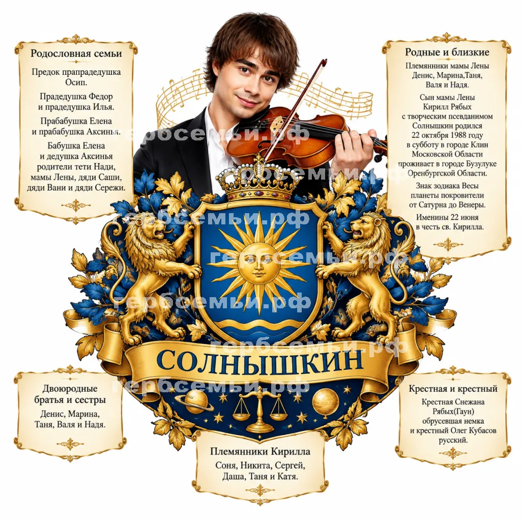 Герб семьи Солнышкин на фоне певца и музыканта Александра Рыбака #41328