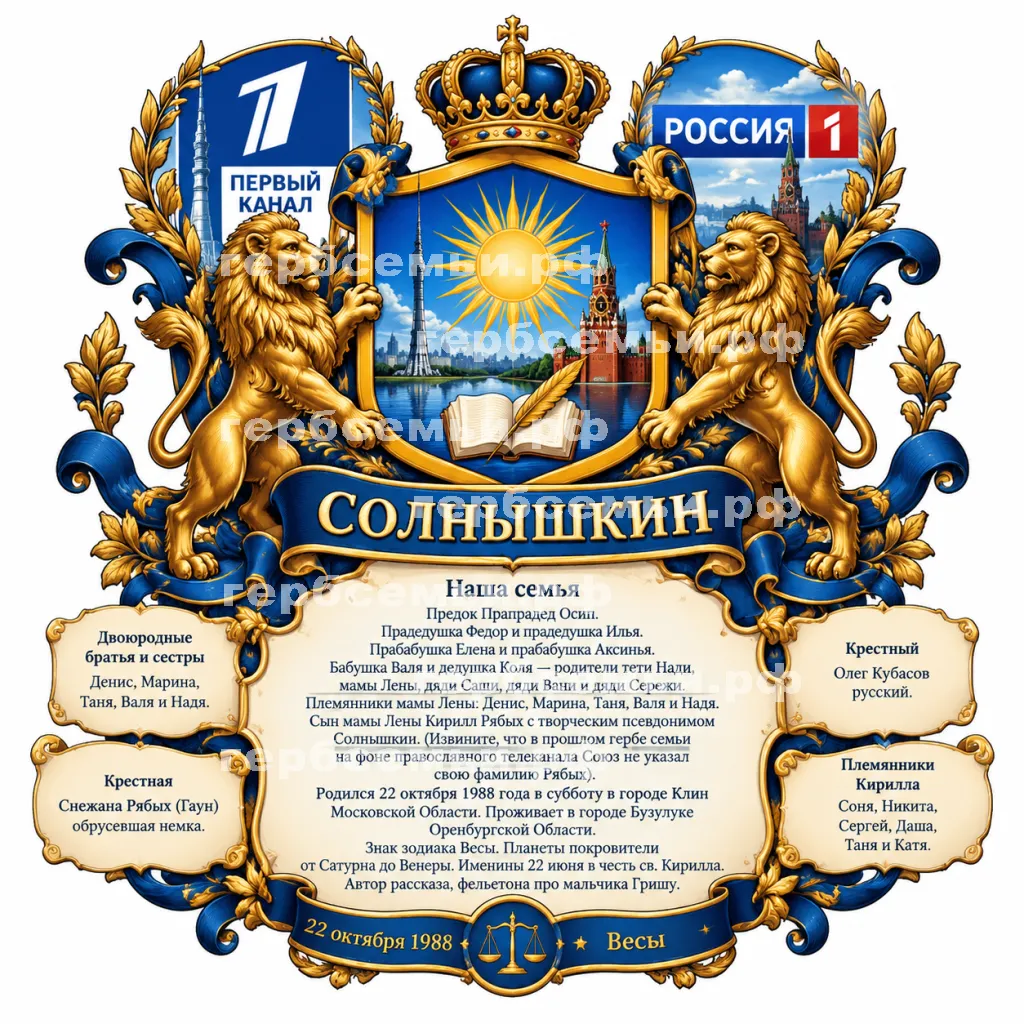 Герб семьи Солнышкин на фоне первого канала и канала Россия #41332