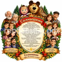 Гербы семьи Солнышкин на фоне мультика Маша и медведь