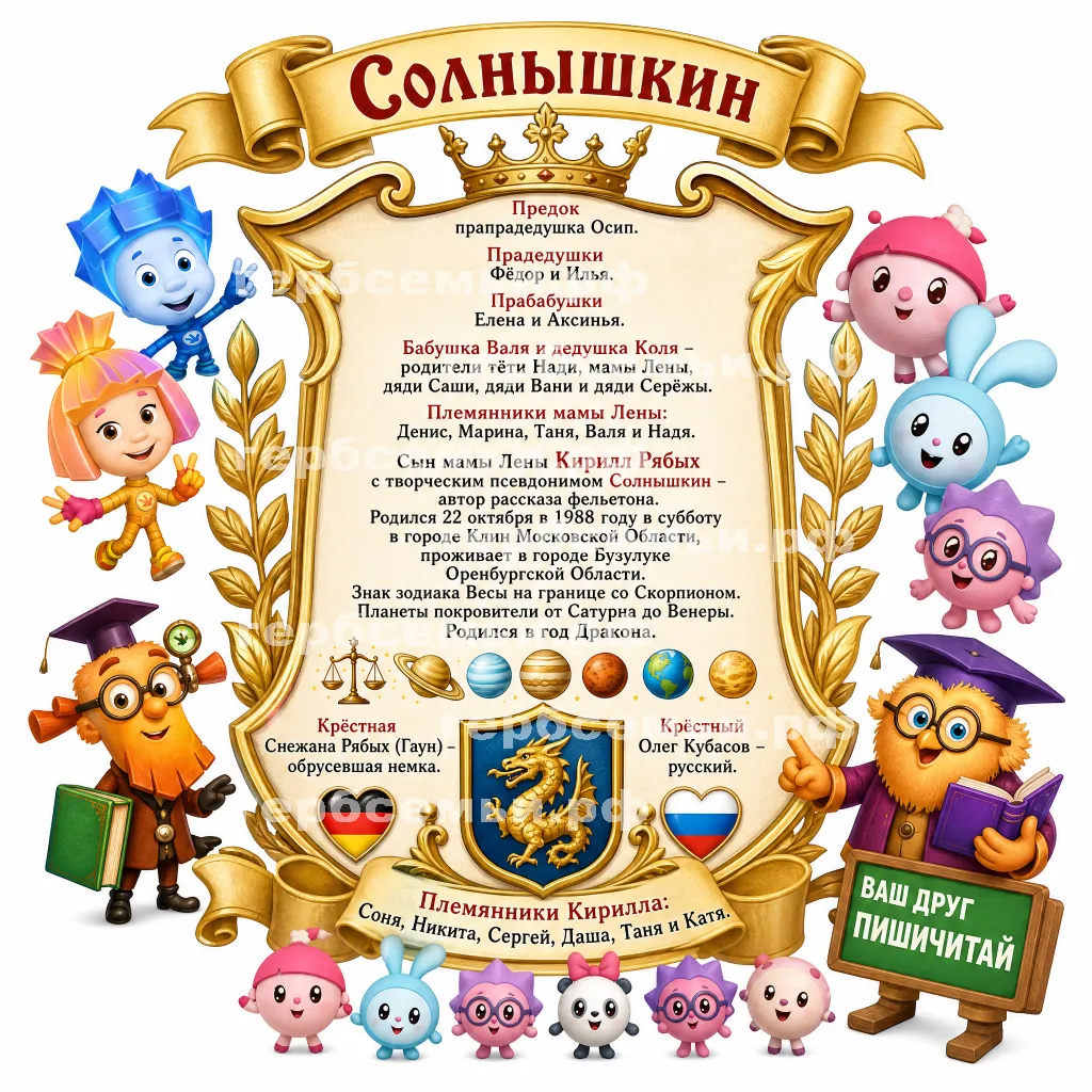 Герб семьи Солнышкин на фоне мультиков Фиксики и Малышариков и ваш друг Пишичитай #41338