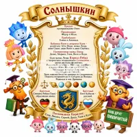 Гербы семьи Солнышкин на фоне мультиков Фиксики и Малышариков и ваш друг Пишичитай