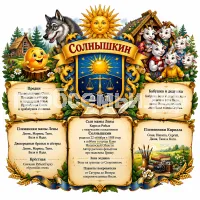 Гербы семьи Солнышкин на фоне персонажей русских народных сказок особенно Колобка и Волка и Семеро Козлят