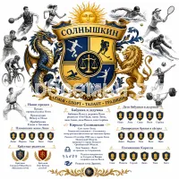 Гербы семьи Солнышкин  разных видов спорта на фоне спорсменов