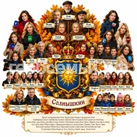 Гербы семьи Солнышкин на фоне девушек корреспондентов из разных новостных каналов и осени тепло одетых