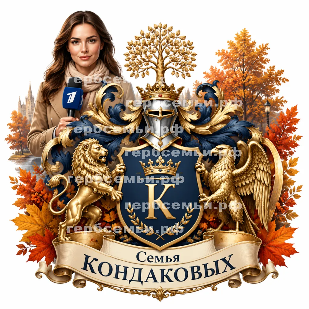 Герб семьи Семья Кондаковых на фоне девушки корреспондента первого канала и фоне осени #41345