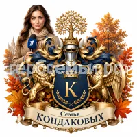 Гербы семьи Семья Кондаковых на фоне девушки корреспондента первого канала и фоне осени