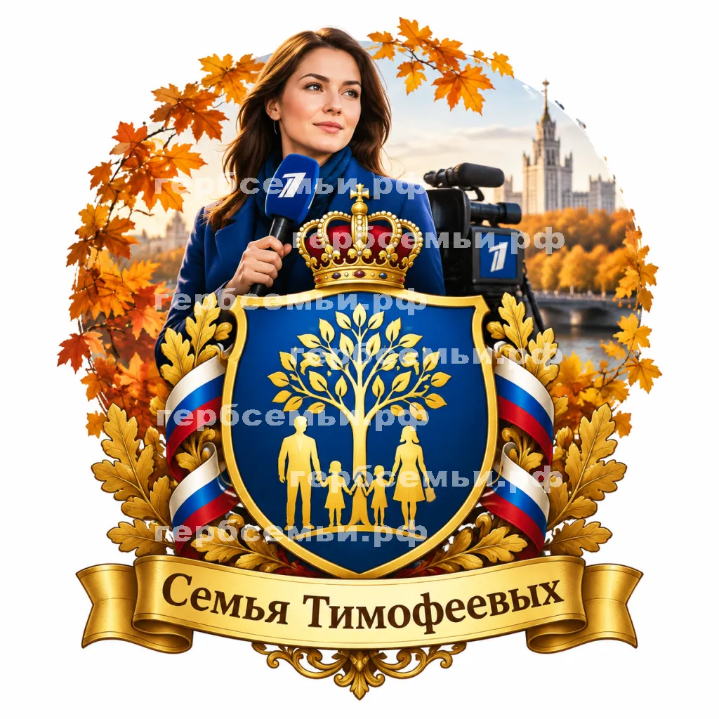 Герб семьи Семья Тимофеевых на фоне девушки корреспондента первого канала и фоне осени #41347