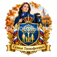 Гербы семьи Семья Тимофеевых на фоне девушки корреспондента первого канала и фоне осени