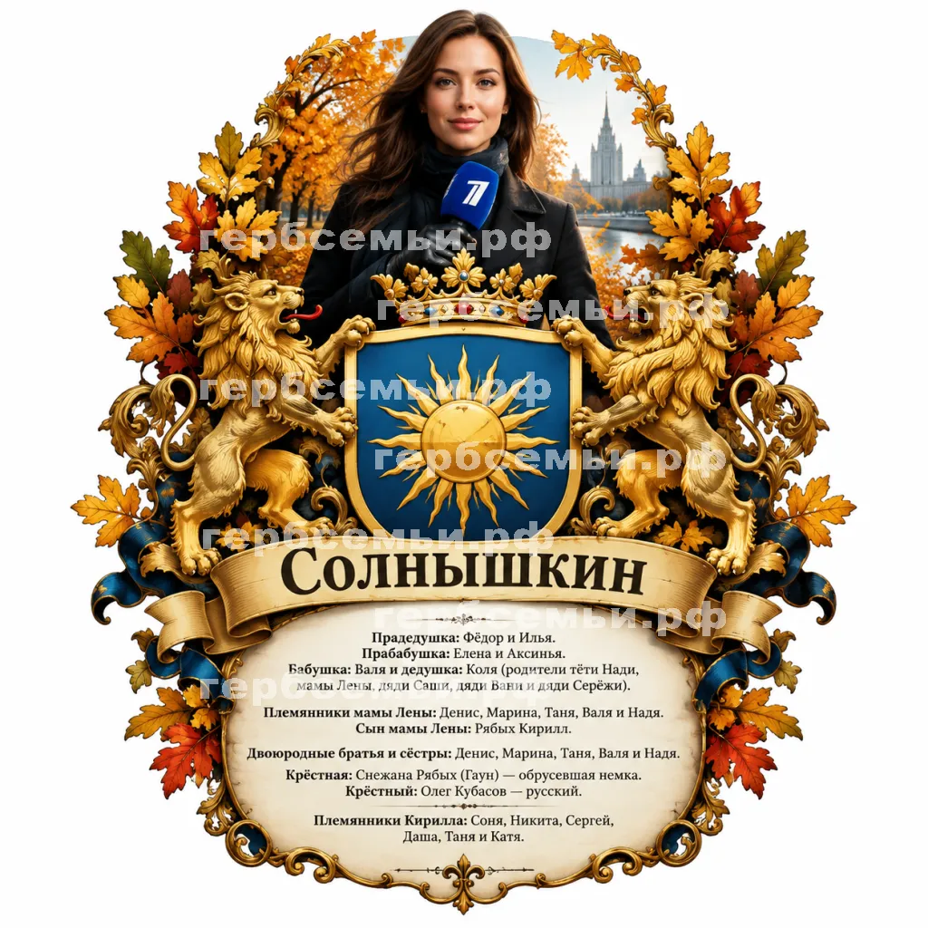 Герб семьи Солнышкин на фоне девушки корреспондента первого канала в черных кожаных перчатках и осени #41357