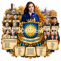 Гербы семьи Солнышкин на фоне девушки корресподента телеканал ОРТ и осени города Бузулука Оренбургской Области