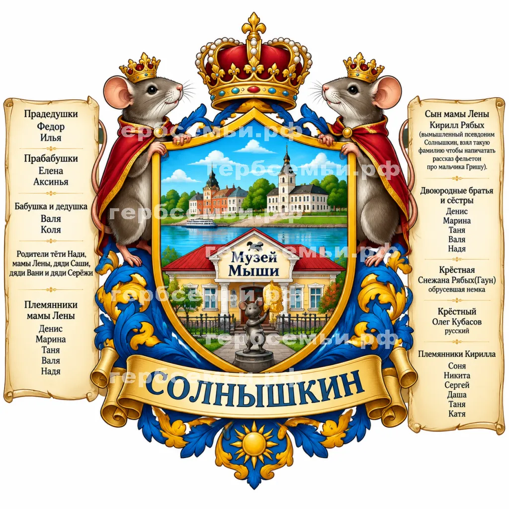 Герб семьи Солнышкин на фоне города Мышкин мышки и музея Мыши #41398
