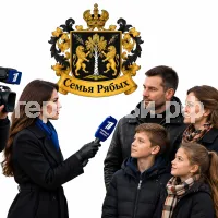 Гербы семьи Семья Рябых на фоне девушки корреспондента первого канала ведёт репортаж с города Бузулука Оренбургской Области осенью в чёрных кожаных перчатках берёт интервью у Семьи Рябых