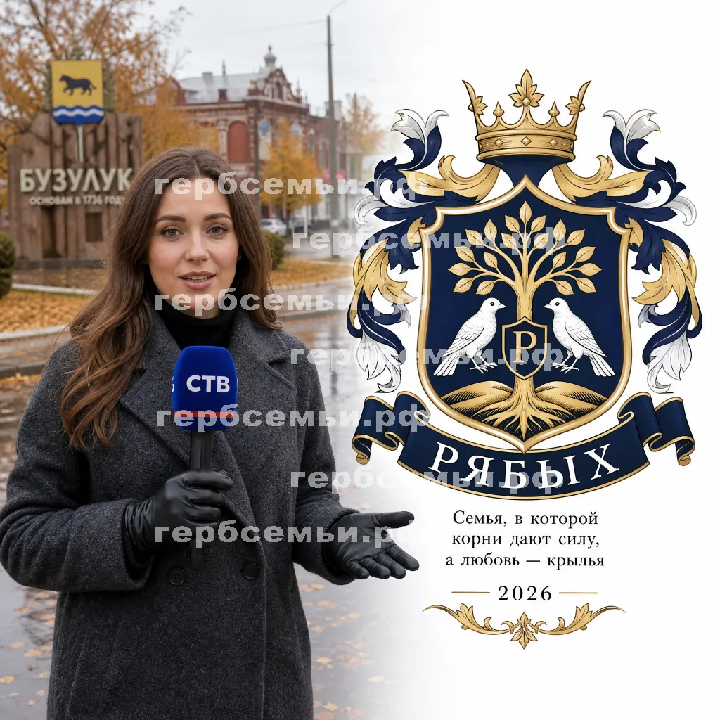 Герб семьи Создать герб на фоне девушки корреспондента СТВ ведёт репортаж с города Бузулука осенью в чёрных кожаных перчатках 2026 год #41603