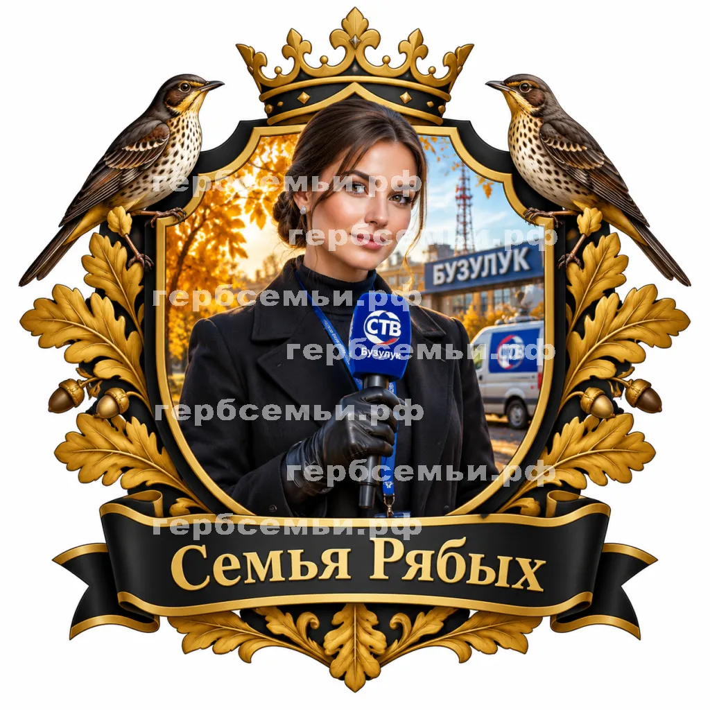 Герб семьи Семья Рябых на фоне девушки корреспондента СТВ Бузулук осени сентября 2026 год в черных кожаных кожаных перчатках #41648