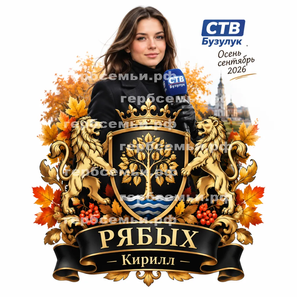 Герб семьи Рябых на фоне девушки корреспондента СТВ Бузулук осени сентября 2026 год в черных кожаных кожаных перчатках #41649